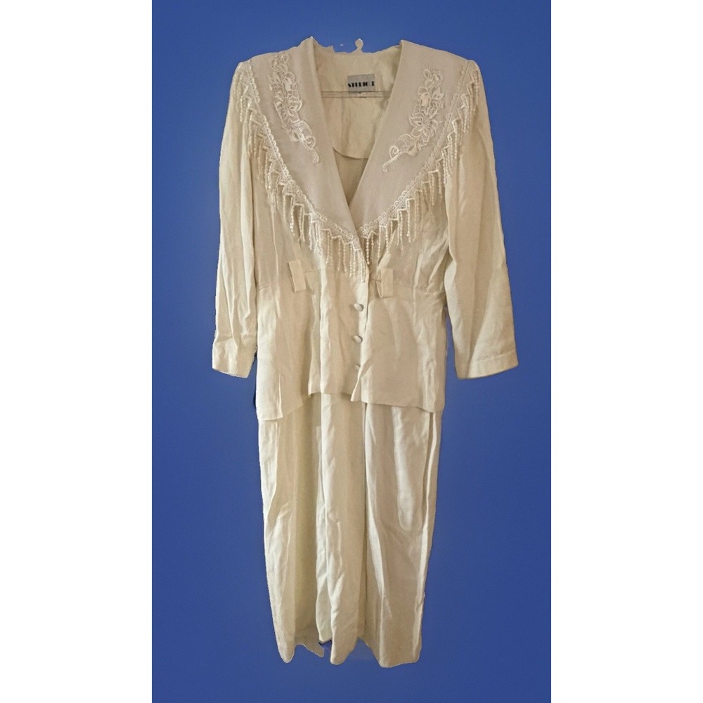 VTG 80s Studio I Cream Dress 14 Western Fringe Beaded Lace Cowgirl Rodeo Midi